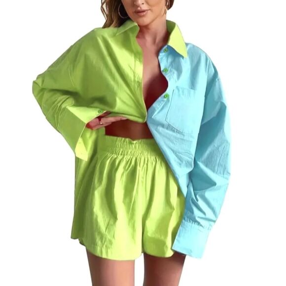 Super cute two piece button down and short set sz Small